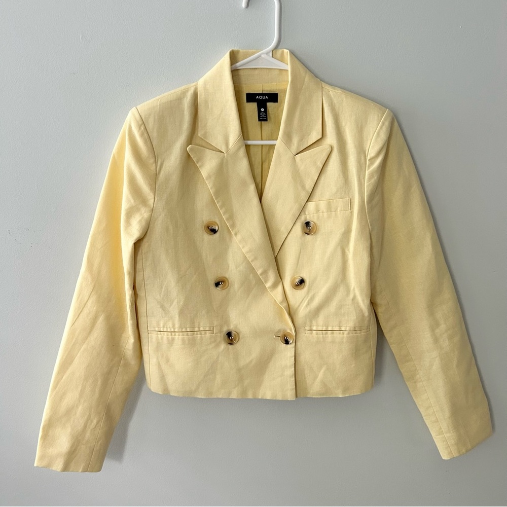 Aqua Butter Yellow Double Breasted Cropped Blazer Jacket Size Small - Picture 3 of 11